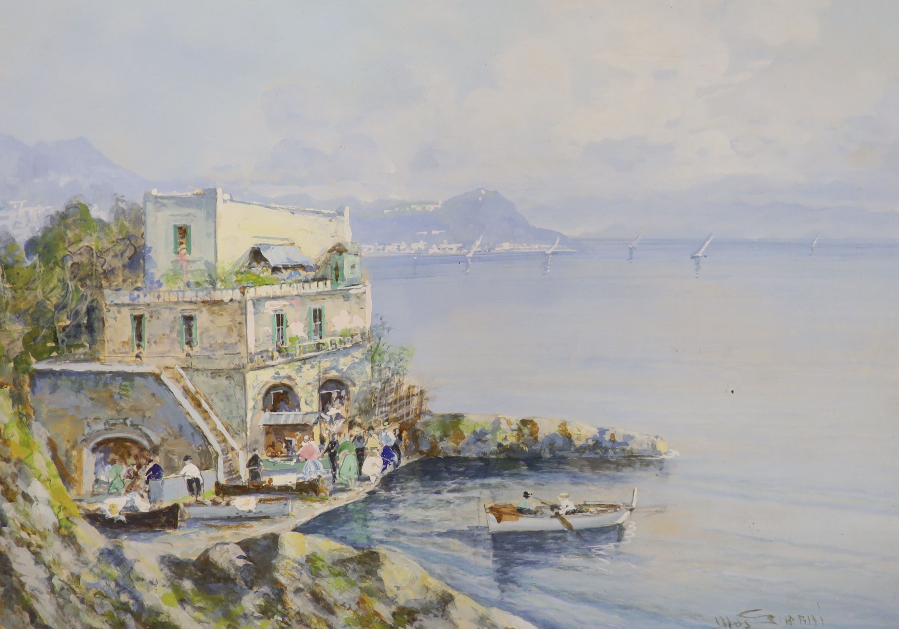 M. Gianni, watercolour and gouache, Italian coastal landscape, signed, 32 x 46cm